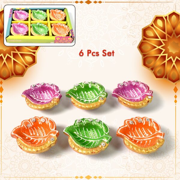 Decorative Hand Painted Clay Puja Diya for Diwali Home Indoor Outdoor Handmade Diya (6 Pcs Set/ Mix Design) - Image 4