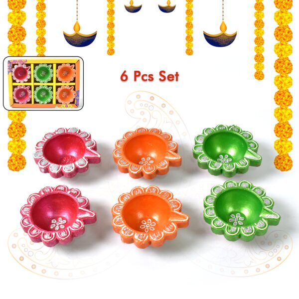 Decorative Hand Painted Clay Puja Diya for Diwali Home Indoor Outdoor Handmade Diya (6 Pcs Set/ Mix Design) - Image 3