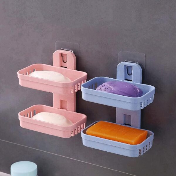 Adhesive Sticker Soap 2 Layer Dish Holder Wall Mounted Bathroom Shower Soap Holder Saver Box Storage Organizer Rack, ABS Plastic (Double Layers / 2 pcs set) - Image 4