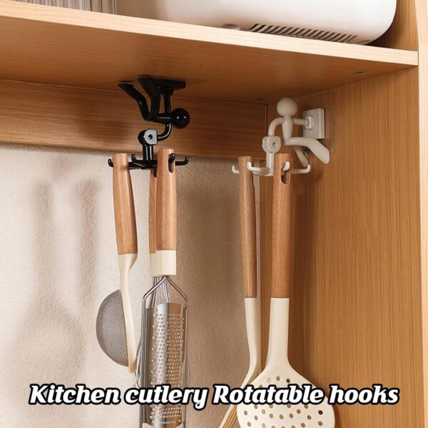 360 Degree Rotating Figure 6 Claw Kitchen Utensils Holder Hook OrganizerKitchen Rack, Non-Punching and Trace Sticky Hook for Bathroom, Door, Wall, White (1 Pc ) - Image 4