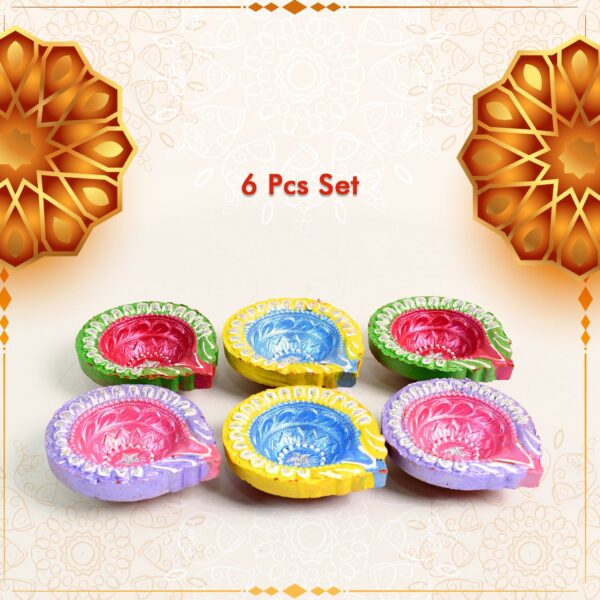 Decorative Hand Painted Clay Puja Diya for Diwali Home Indoor Outdoor Handmade Diya (6 Pcs Set/ Mix Design) - Image 5