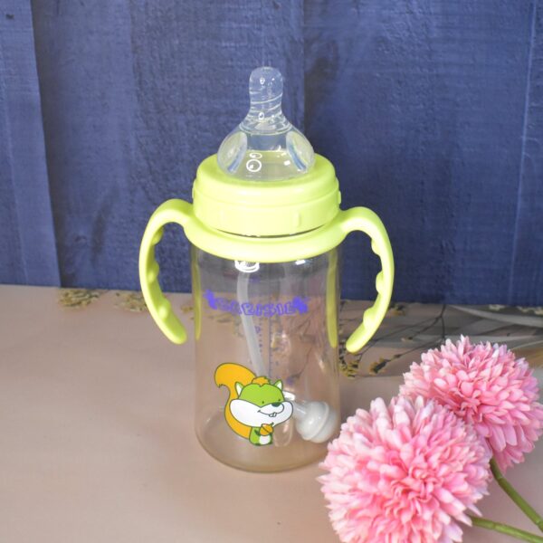 Plastic Baby Feeding Bottle with Handles, Cleaning brush & Straw (300 ML / 1 Pc) - Image 3