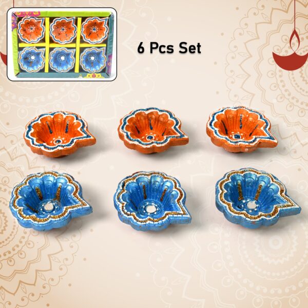 Decorative Hand Painted Clay Puja Diya for Diwali Home Indoor Outdoor Handmade Diya (6 Pcs Set/ Mix Design) - Image 2