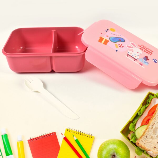 Plastic Lunch Box Leak Proof 2 Compartment with Bottle and Fork (1 Set / Mix Color) - Image 3