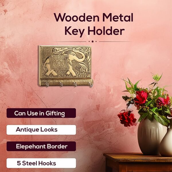 Wooden Key Holder for Home Decor Stylish Metal Gold Antique Elephant Design (1 Pc) - Image 3