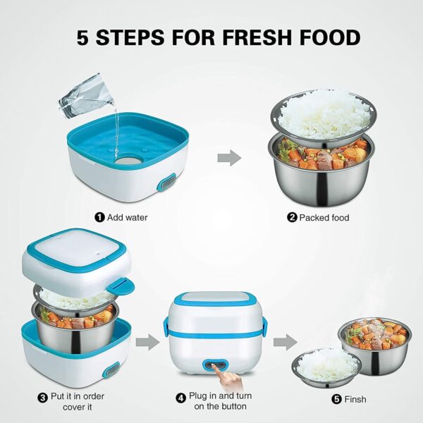 Electric Lunch Box, 3 In 1 Food Heater / Cooker / Steamer with Stainless Steel Bowls (1 Set) - Image 6