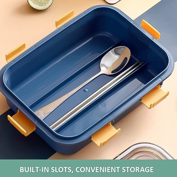 3 Compartment Transparent Stainless Steel Lunch Box with a Spoon and a Pair of Chopsticks (1 Set) - Image 4
