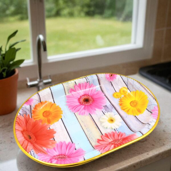 Medium Plastic Flower Printed Design Serving Tray (1 Pc / 31 x 21 CM / Mix Color) - Image 4