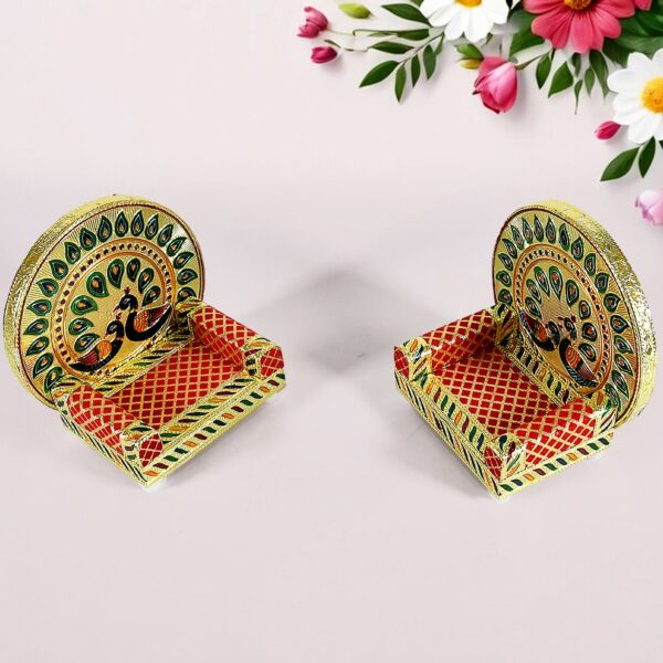 Meenakari Work Laddu Gopal Singhasan for Pooja Mandir Wooden Krishna Ladoo Bal Gopal Sofa Asan, Home Decorative Premium Look Decorative Singhasan Suitable For Home, Office, Restaurant (2 Pc Set) - Image 6