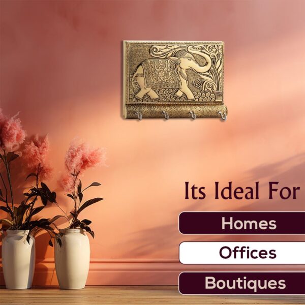 Wooden Key Holder for Home Decor Stylish Metal Gold Antique Elephant Design (1 Pc) - Image 5