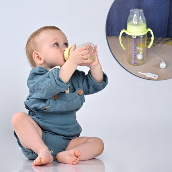 Plastic Baby Feeding Bottle with Handles, Cleaning brush & Straw (300 ML / 1 Pc) - Image 7
