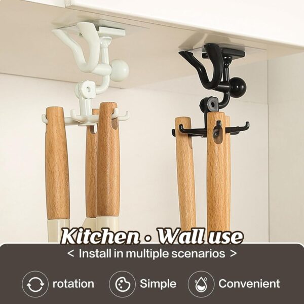 360 Degree Rotating Figure 6 Claw Kitchen Utensils Holder Hook OrganizerKitchen Rack, Non-Punching and Trace Sticky Hook for Bathroom, Door, Wall, White (1 Pc ) - Image 6