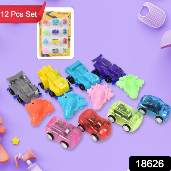 Mini Pull Back Car & Aeroplane Plastic Pull Back Car Cartoon Toys (12 Pcs Set) - Image 2