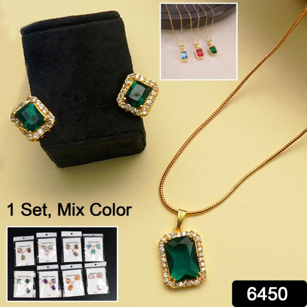 Stone Pendant Necklace Chain Set with Earrings (1 Set / Mix Color & Design) - Image 2