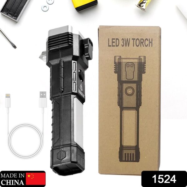Portable 3w Rechargeable Torch LED Flashlight Long Distance Beam Range, Hammer and Strong Magnets, Window Glass and Seat Belt Cutter 4 Modes for Car Camping Hiking Indoor Outdoor - Image 2