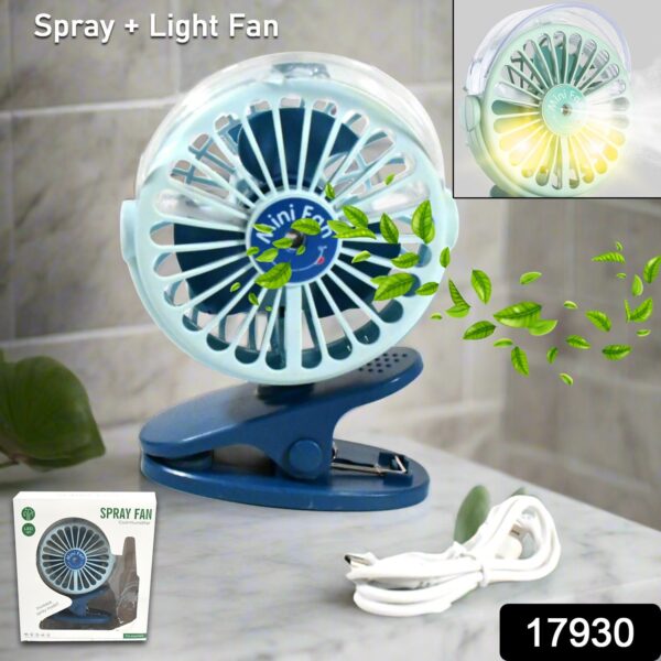 Portable Clip-on Fan, Battery Operated, With Light & Spray, Small Yet Powerful USB Table Fan, 3-Speed Quiet Rechargeable Mini Desk Fan, 360° Rotation, Personal Cooling Fan for Home, Office, Camping - Image 2