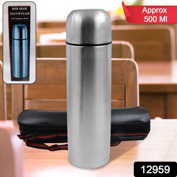 Vacuum Flask With Cover, 18/8 Stainless Steel | Hot and Cold Water Bottle with Push-Down Lid | Double Walled Stainless Steel Bottle for Travel, Home, Office, School, Picnic ( Approx 500 ML / With Cover) - Image 2