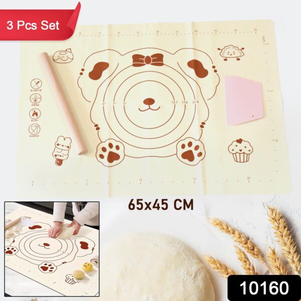 3 In1 Silicone Baking Mat With Wooden Belan & Cake Scraper (3 Pcs Set / 65×45 CM) - Image 2