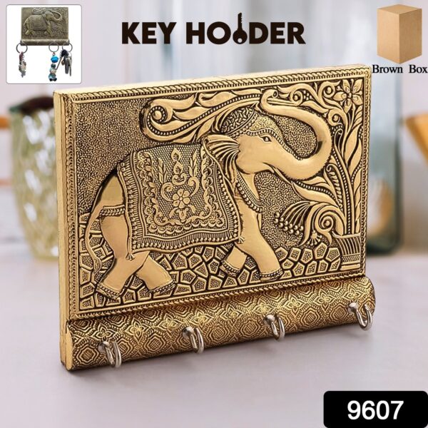 Wooden Key Holder for Home Decor Stylish Metal Gold Antique Elephant Design (1 Pc) - Image 2
