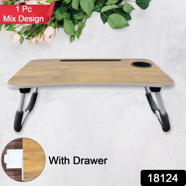 Multi-Purpose Laptop Desk for Study and Reading with Foldable, Cupholder & Drawer (1 Pc / Mix Plain Design / 58×38 Cm) - Image 2
