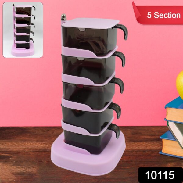 Rotating Spice Jars Vertical Rotatable Seasoning Box 5 Section / Tier With 5 Spoon (1 Set) - Image 2