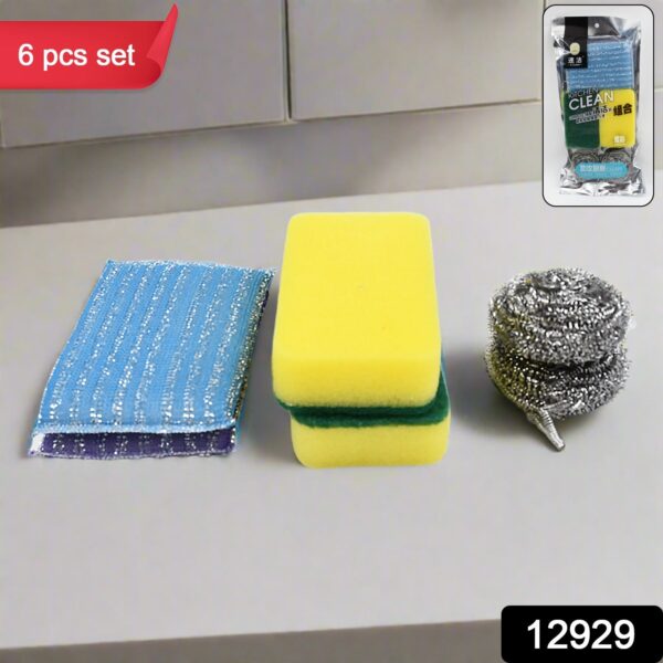 Kitchen Cleaning Tool Set Microfiber Kitchen Utensils High Performance Scouring Sponge Set Dish Sponge, Stainless Steel Scouring Pad (6 Pcs Set) - Image 2