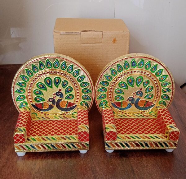 Meenakari Work Laddu Gopal Singhasan for Pooja Mandir Wooden Krishna Ladoo Bal Gopal Sofa Asan, Home Decorative Premium Look Decorative Singhasan Suitable For Home, Office, Restaurant (2 Pc Set) - Image 8