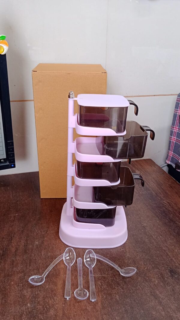 Rotating Spice Jars Vertical Rotatable Seasoning Box 5 Section / Tier With 5 Spoon (1 Set) - Image 7