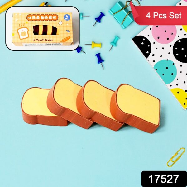 3D Toast Bread Shape Eraser for Kids, Cartoons Erasers Toast Bread Erasers Bread Shaped Eraser for Students, Gift, Cute Fun Food Erasers for School Classroom, Stationery for Boys & Girls (4 Pcs Set) - Image 2