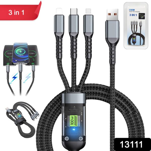 3-in-1 Super Fast Charging Cable 100w, Multifunctional Convenient Super Fast Charging Cable Nylon Braided Cord, 3-in-1 Silicone Zinc Alloy 3 Head Charging Cable - Image 2