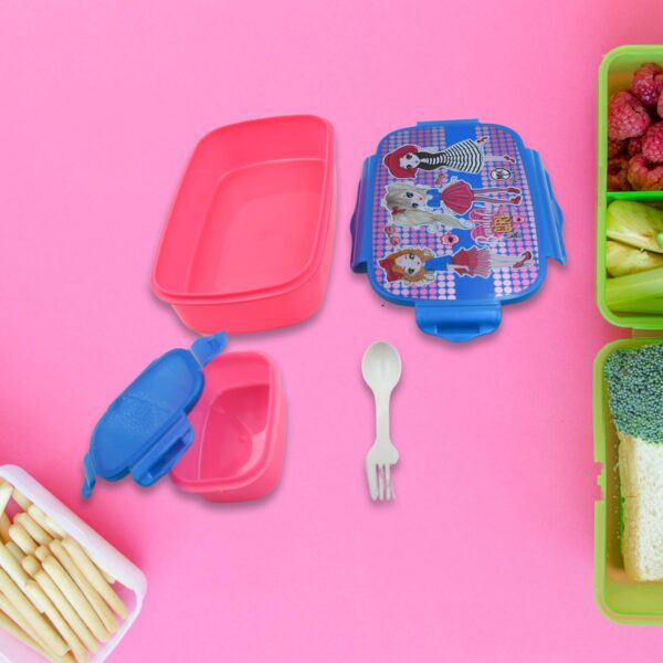 Cartoon Printed Plastic Lunch Box With Inside Small Box & Spoon for Kids, Air Tight Lunch Tiffin Box for Girls Boys, Food Container, Specially Designed for School Going Boys and Girls - Image 3