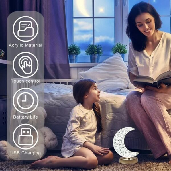 Crystal Table Lamp | Moon Shape Touch Control Lamp with 3 Color | Metal Bedside Lamp for Kids Bedroom Romantic Desktop Nightstand | Stepless Dimming USB Charging Touch Night Light - Image 5