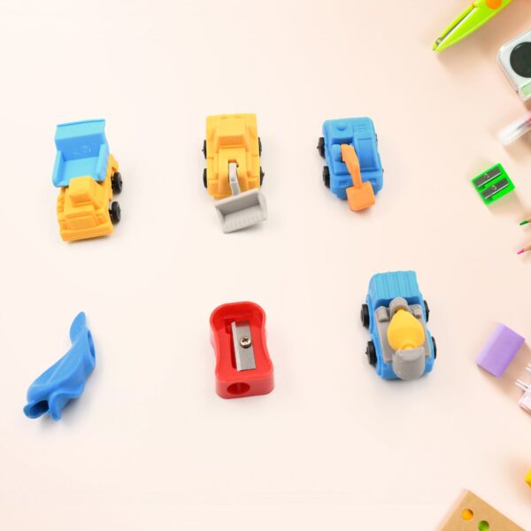 Pencil and Eraser Set, Construction Truck Theme Stationery Kit Includes 6 Pencils, 4 Erasers, 1 Sharpener, 1 Ruler Bookmark, 1 Pencil Cap Stationary For Birthday Gifts for Kids, Birthday Return Gifts (13 Pc set) - Image 3