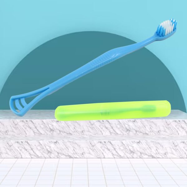 2 in 1 Soft Toothbrush and Tongue With Toothbrush Cover Cleaner Scraper for Men and Women, Kids, Adults Plastic Toothbrush Cover / Case / Holder (1 Pc) - Image 3