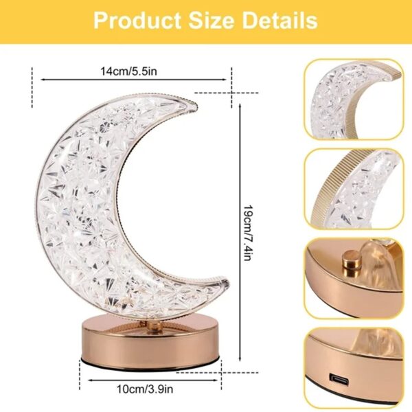 Crystal Table Lamp | Moon Shape Touch Control Lamp with 3 Color | Metal Bedside Lamp for Kids Bedroom Romantic Desktop Nightstand | Stepless Dimming USB Charging Touch Night Light - Image 4