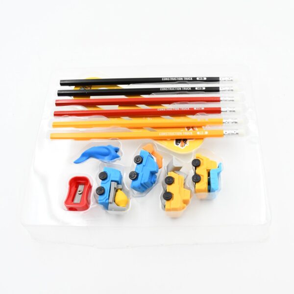 Pencil and Eraser Set, Construction Truck Theme Stationery Kit Includes 6 Pencils, 4 Erasers, 1 Sharpener, 1 Ruler Bookmark, 1 Pencil Cap Stationary For Birthday Gifts for Kids, Birthday Return Gifts (13 Pc set) - Image 4