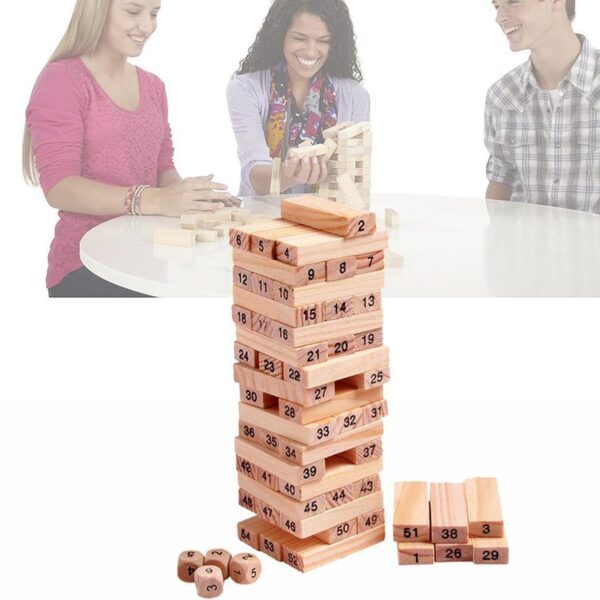 54 Pcs Blocks 4 Dices Wooden Tumbling Stacking Building - Image 3