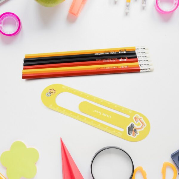 Pencil and Eraser Set, Construction Truck Theme Stationery Kit Includes 6 Pencils, 4 Erasers, 1 Sharpener, 1 Ruler Bookmark, 1 Pencil Cap Stationary For Birthday Gifts for Kids, Birthday Return Gifts (13 Pc set) - Image 5