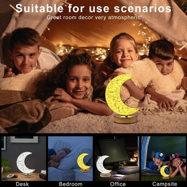 Crystal Table Lamp | Moon Shape Touch Control Lamp with 3 Color | Metal Bedside Lamp for Kids Bedroom Romantic Desktop Nightstand | Stepless Dimming USB Charging Touch Night Light - Image 6