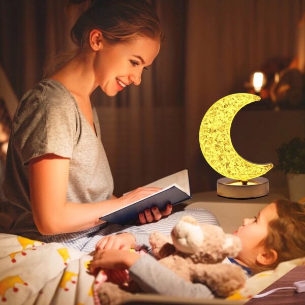 Crystal Table Lamp | Moon Shape Touch Control Lamp with 3 Color | Metal Bedside Lamp for Kids Bedroom Romantic Desktop Nightstand | Stepless Dimming USB Charging Touch Night Light - Image 7