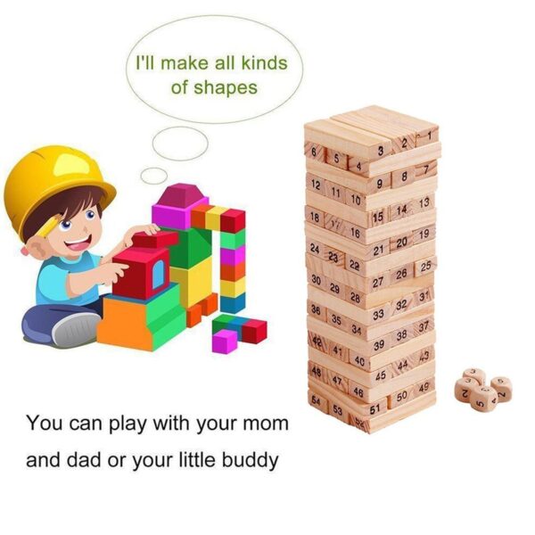 54 Pcs Blocks 4 Dices Wooden Tumbling Stacking Building - Image 7