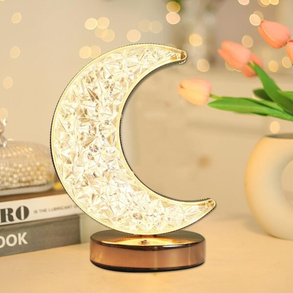 Crystal Table Lamp | Moon Shape Touch Control Lamp with 3 Color | Metal Bedside Lamp for Kids Bedroom Romantic Desktop Nightstand | Stepless Dimming USB Charging Touch Night Light - Image 9