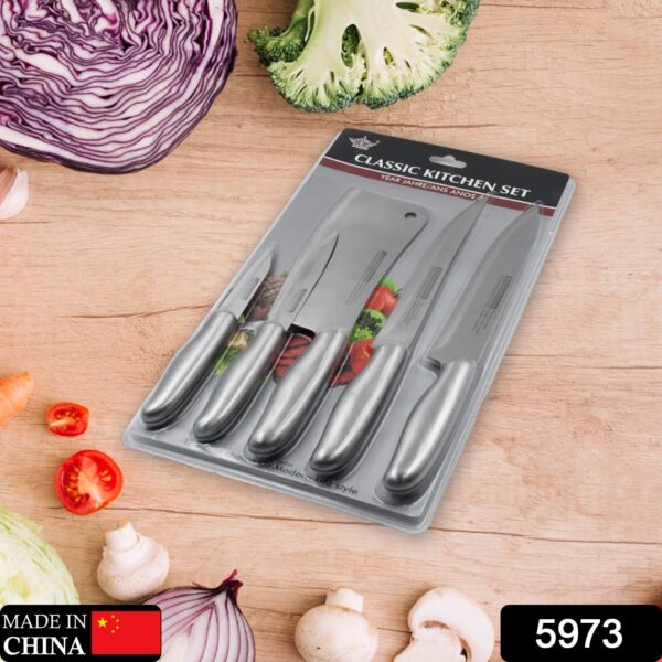 Big Size Professional Sharp Durable Quality Pack of 5 Kitchen Knives Set Basic Kitchen Tools-Stainless Steel Kitchen Gadgets (5 Pc Set) - Image 2