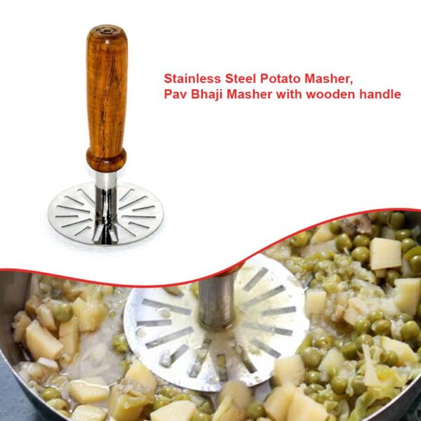 Stainless Steel Potato Masher, Pav Bhaji Masher with wooden handle - Image 3