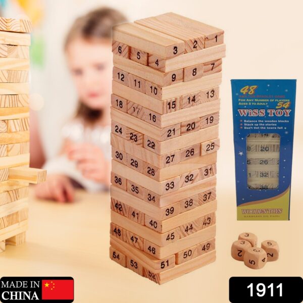 54 Pcs Blocks 4 Dices Wooden Tumbling Stacking Building - Image 2