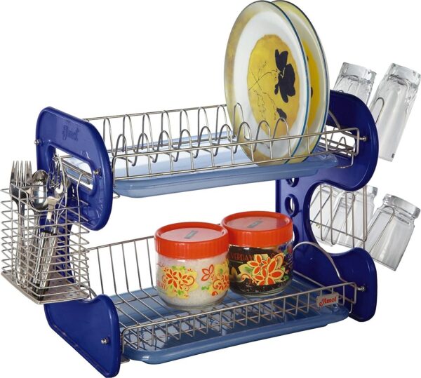STAINLESS STEEL DRAIN BOWL STORAGE RACK HOLDER PLATE DISH CUTLERY CUP RACK WITH TRAY KITCHEN SHELF STAND - Image 2