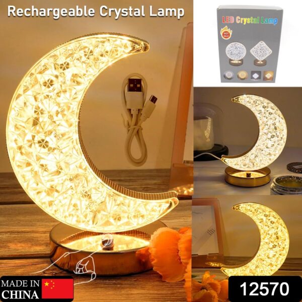 Crystal Table Lamp | Moon Shape Touch Control Lamp with 3 Color | Metal Bedside Lamp for Kids Bedroom Romantic Desktop Nightstand | Stepless Dimming USB Charging Touch Night Light - Image 2