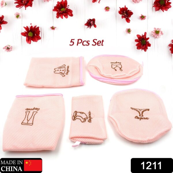 5pc Zippered Mesh Laundry Wash Bags Foldable Delicates Lingerie Socks, Underwear Blouse, Hosiery, Stocking and Lingerie Washing Machine Clothes Protection Net (5 Pc Set) - Image 2